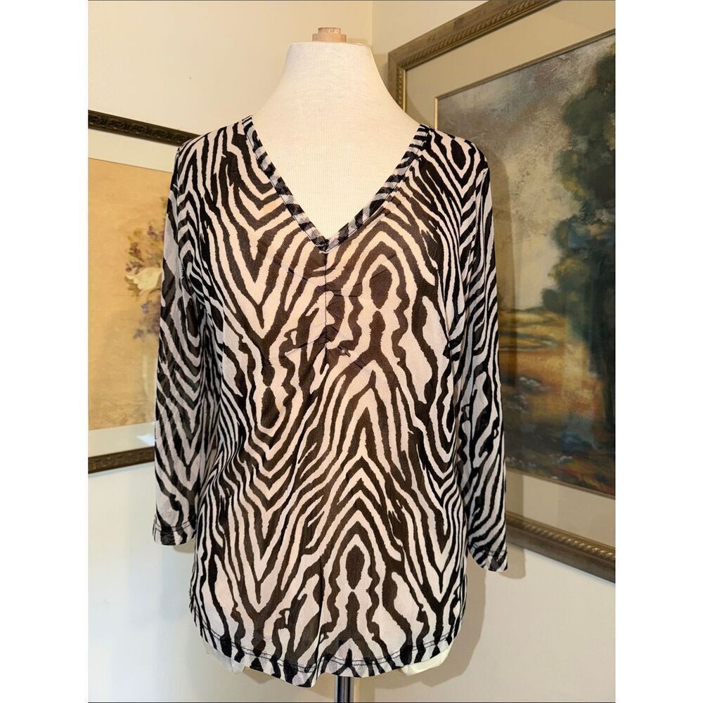 Dolcetti Black/White/Tan Zebra Print V-Neck Top w/Sheer Slvs Size Large